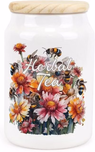 Purely Home Flowers & Bees Ceramic Floral Herbal Tea Storage Canister - Yellow and White