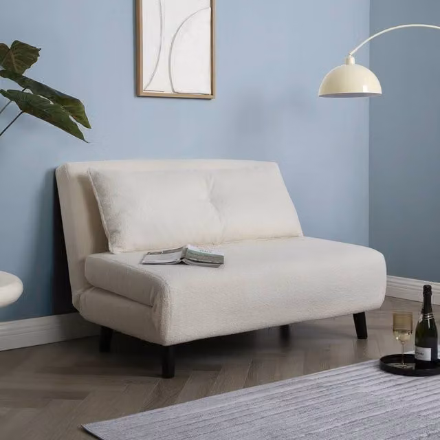 Home Garden Direct Aurora Small Double Sofa Bed in Beige Boucle Fabric with Scatter Cushions