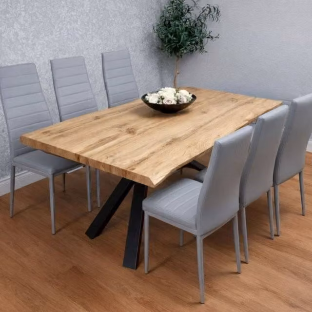 KOSY KOALA Modern Rectangular Wood Dining Table with 6 Grey Faux Leather Padded Chairs in Brown