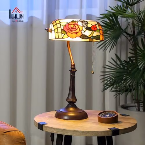 HOMCOM Tiffany-Style Stained Glass Table Lamp with Bronze Base and Multicolour Design – 2