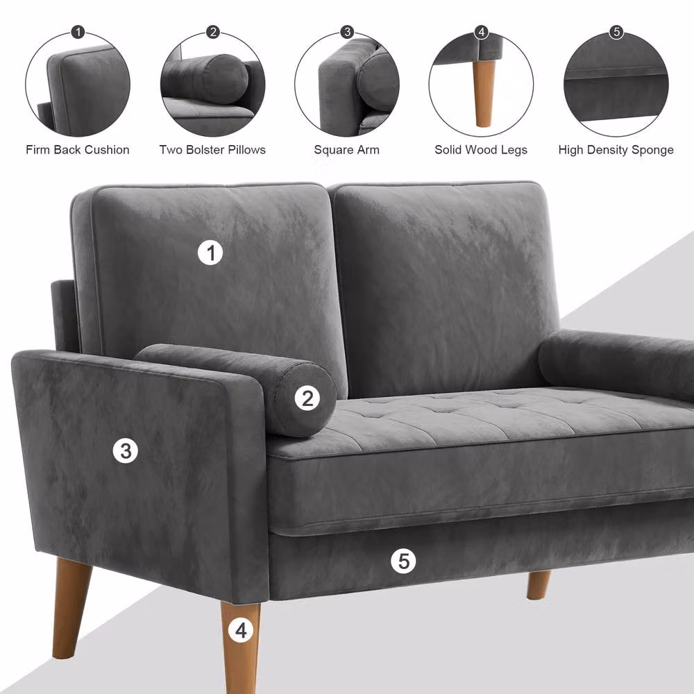 Dprodo Grey Velvet Love Seat Couch with 2 Scatter Cushions and Solid Wood Frame, Width: 121 cm – 2
