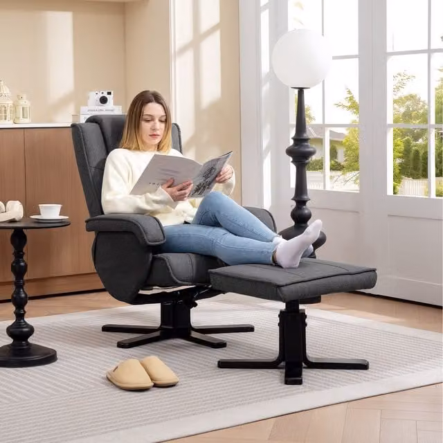 HOMCOM Swivel Recliner Armchair with Integrated Footstool in Charcoal Grey Linen Fabric