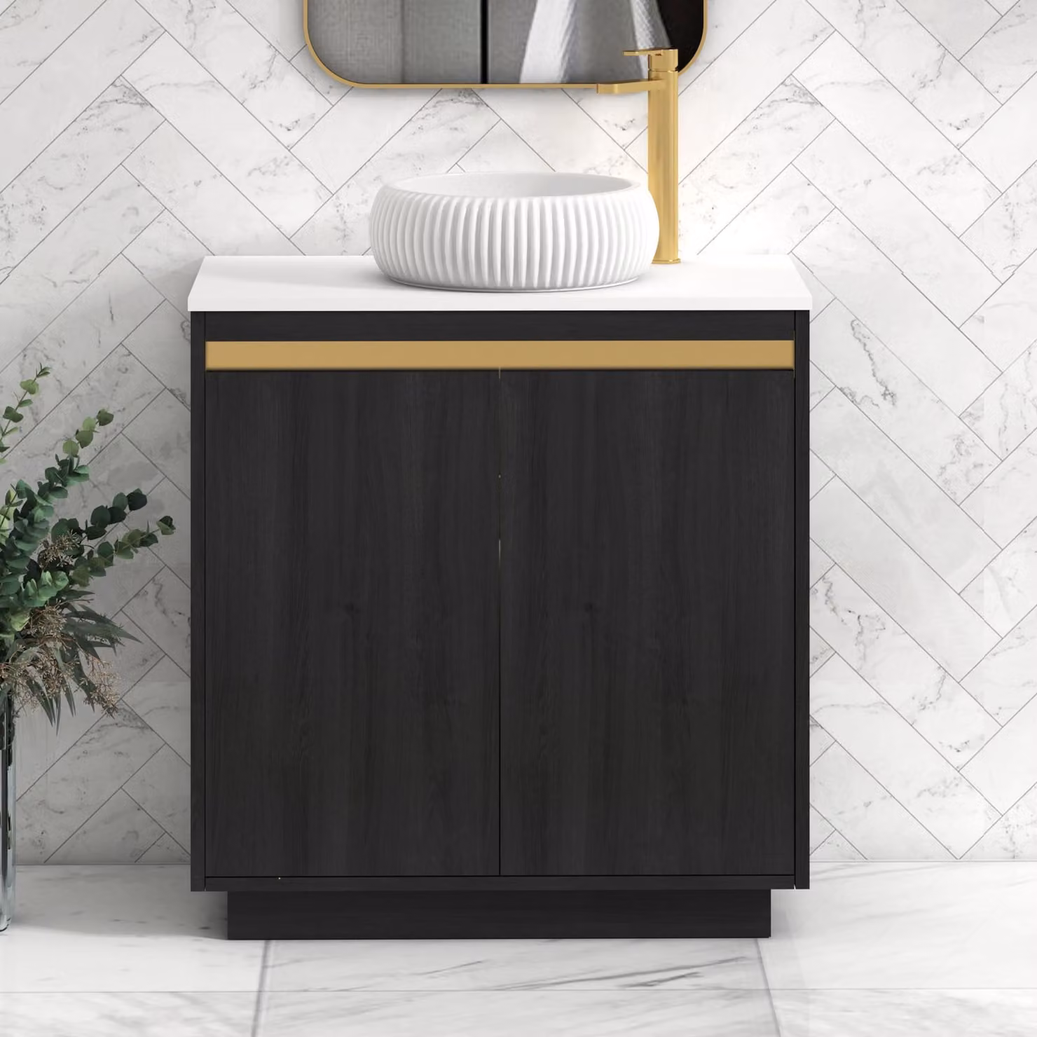 Royal Bathrooms Orion 800mm Hale Black and Plain White Floor Standing 2 Door Vanity Unit with Milan Basin and Brushed Brass Accent Trim