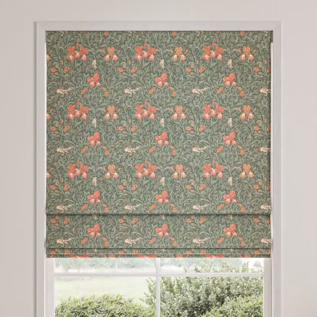 William Morris Iris Made To Measure Blackout Roman Blind in Sage Green Floral Design