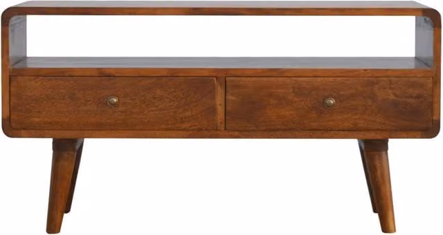KDMK Modern Mango Wood Curved Media Unit and TV Stand in Grey Washed with Orange Accents