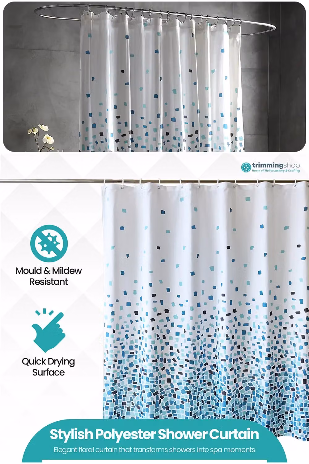Neel Blue Mosaic Blue Polyester Water-Resistant Shower Curtain, W: 180 cm, H: 180 cm – 2