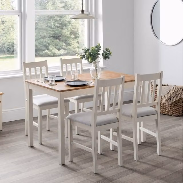 Julian Bowen Coxmoor Set of 2 Dining Chairs in Ivory Fabric and Synthetic Leather with Oak Wood Legs – 1