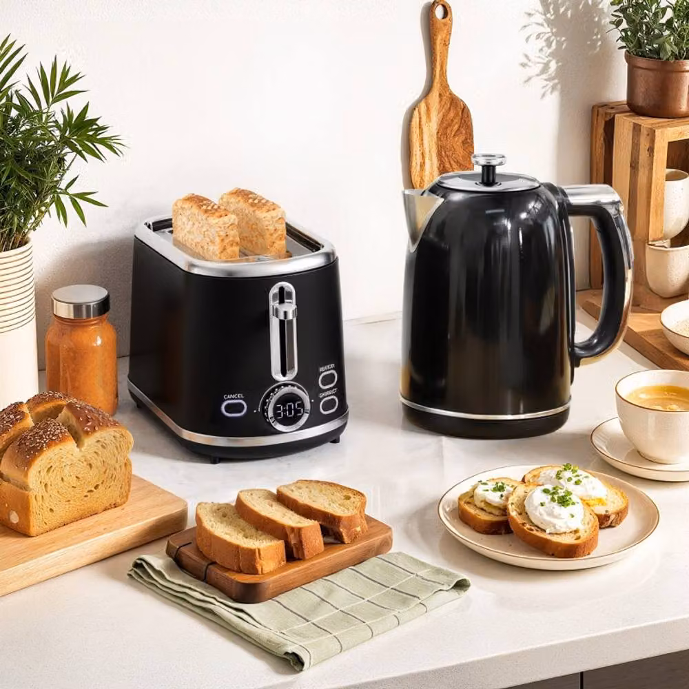 Rolipo Black Retro Stainless Steel Kettle and Toaster Set with 1.7L Capacity – 2
