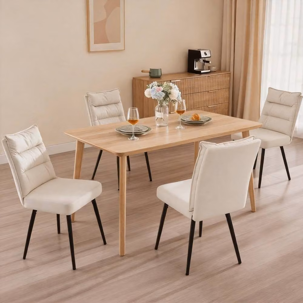 FURNITURE ONE Set of 2 Modern Upholstered Fabric Dining Chairs in Beige with Metal Frame – 2