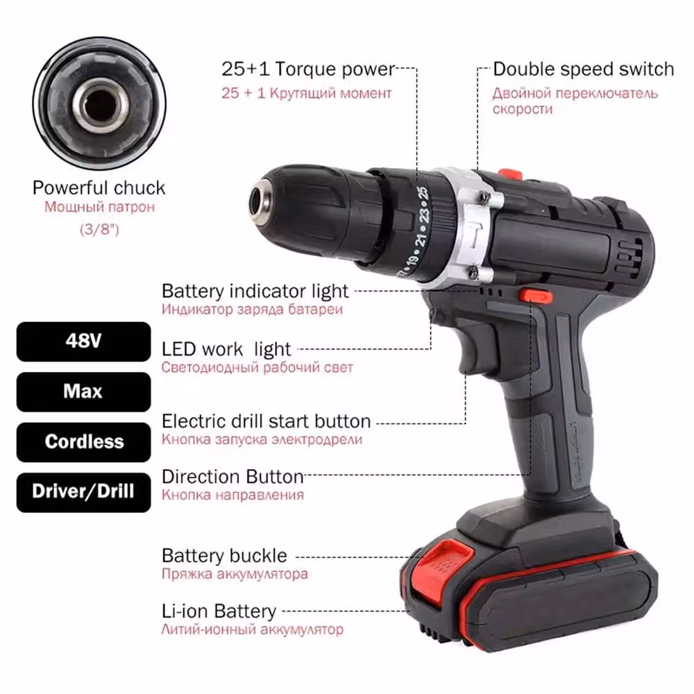 Kelvenix 48V Cordless Hammer Drill and Electric Impact Driver Set in Black – 6