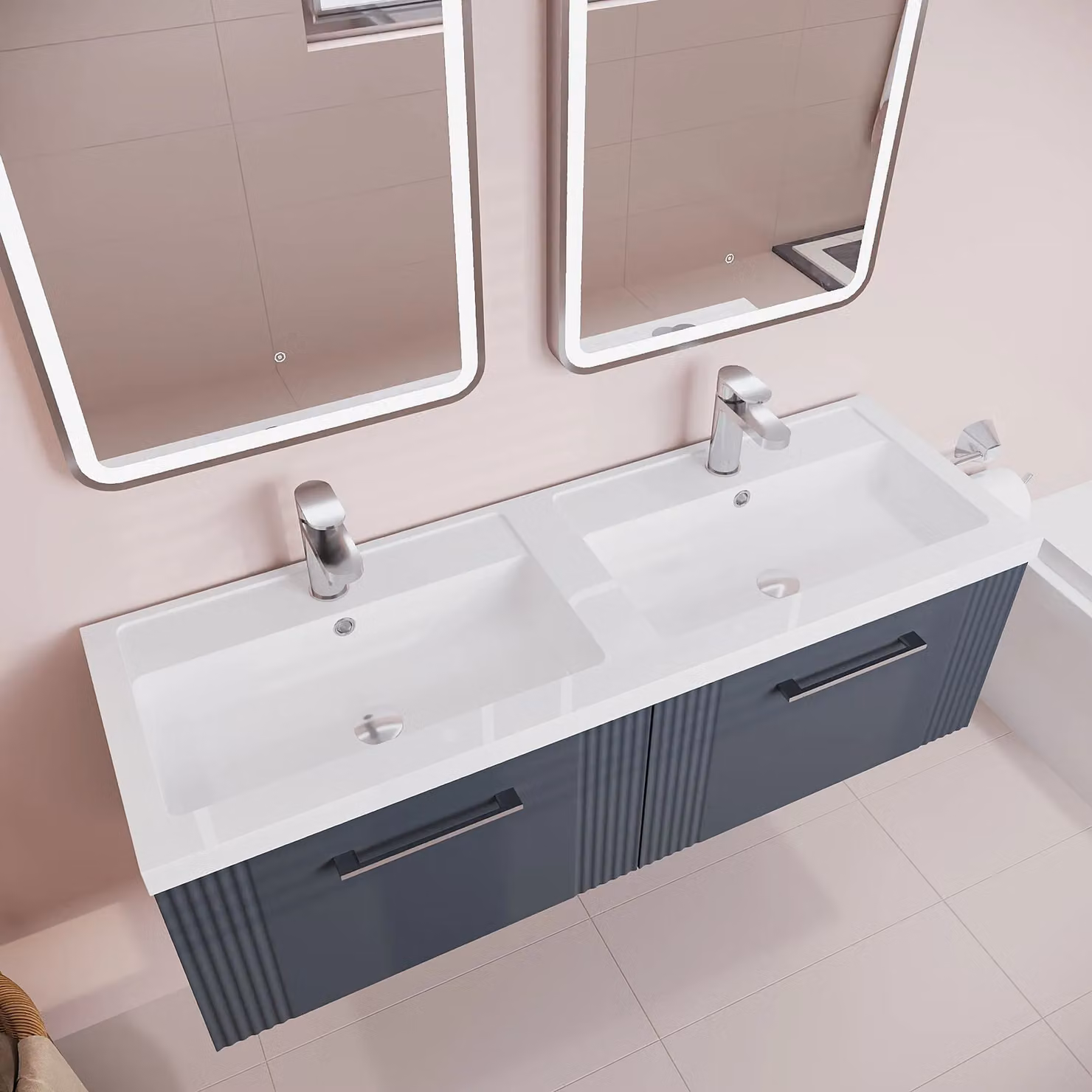 Balterley Wall Hung Double Basin Vanity Unit with 2 Drawers, Satin Dark Grey, Width: 120 cm – 3