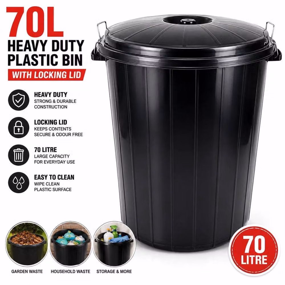 FLAVORA 70L Black Plastic Outdoor Bin with Flip Lid and Handles – 3