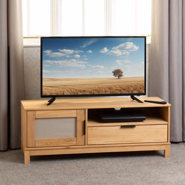 Seconique Corona Rattan 1 Door 2 Drawer TV Unit in Distressed Waxed Brown Pine
