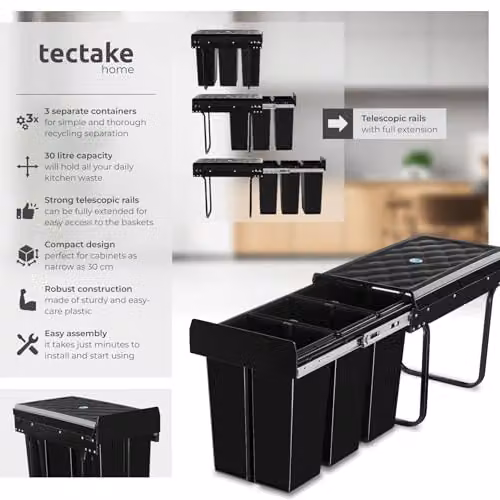 tectake Ashlyn Kitchen Bin with 3 Compartments in Black, 30L Capacity – 2
