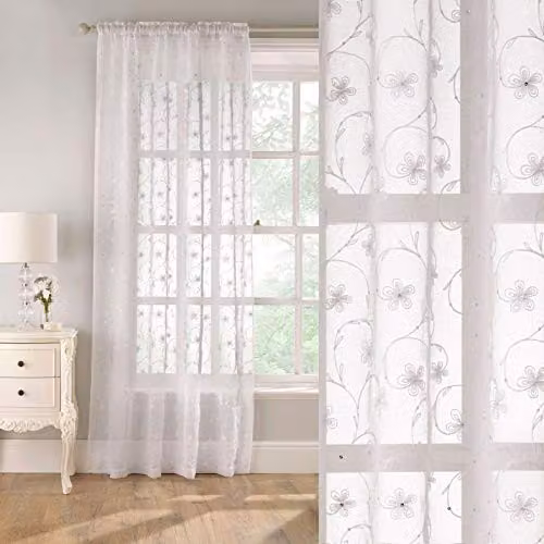 Tyrone Textiles Belle White Embroidered Floral Voile Fabric Panel with Linen Style Ground, W/H: 140 x 229 cm