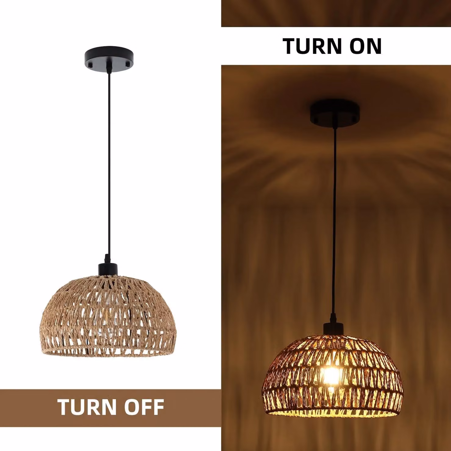 Garwarm Boho Rattan Semi Flush Mount Ceiling Light, Brown, E27, Height Adjustable – 3