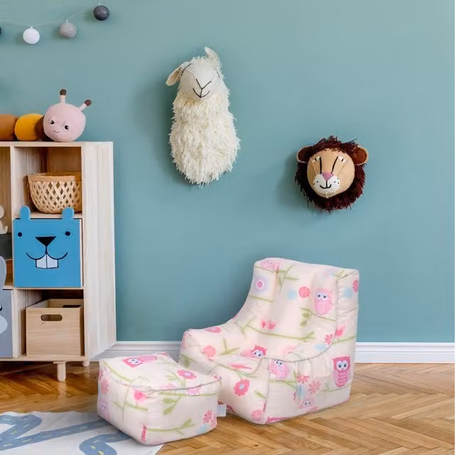 Ready Steady Bed Kids Bean Bag Armchair with Footstool, Owl Print, Pink and Multicolour