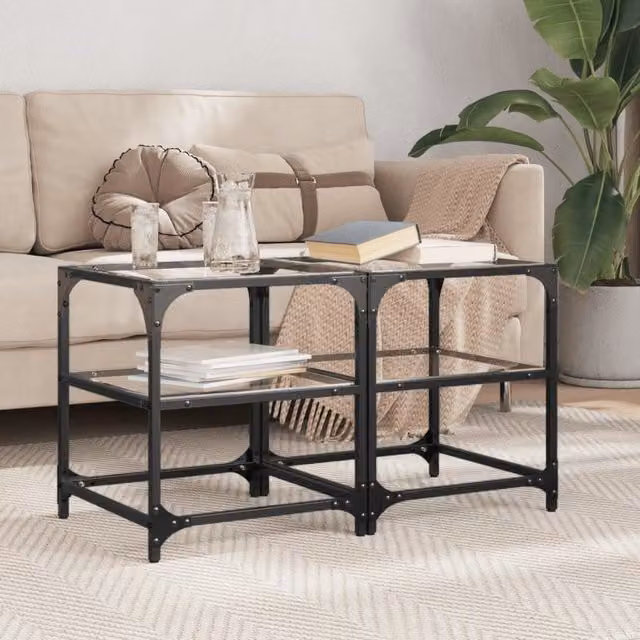 Berkfield Home Set of 2 Industrial Coffee Tables with Transparent Glass Tops and Brown Steel Frames, W/D/H: 40 x 40 x 45 cm – 1