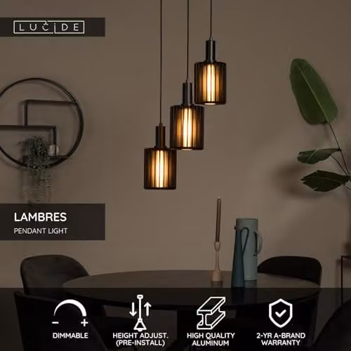 Lucide Lambres Black Pendant Light with 3xE27 Glass Shades, Height Adjustable – 2