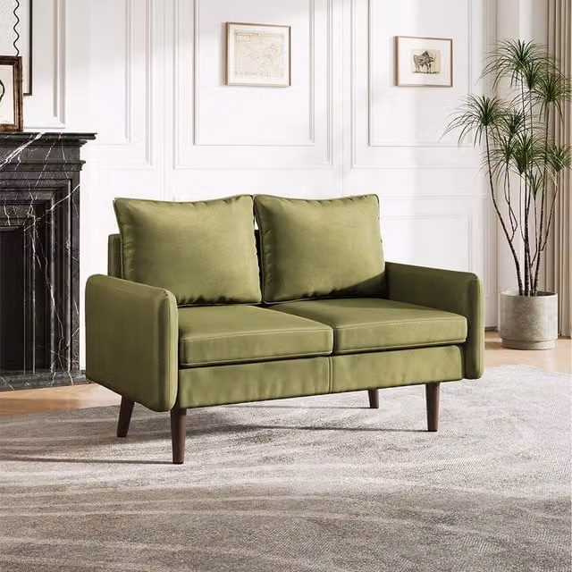 Komore Two Seater Mid-Century Green Velvet Upholstered Sofa with Scatter Cushions