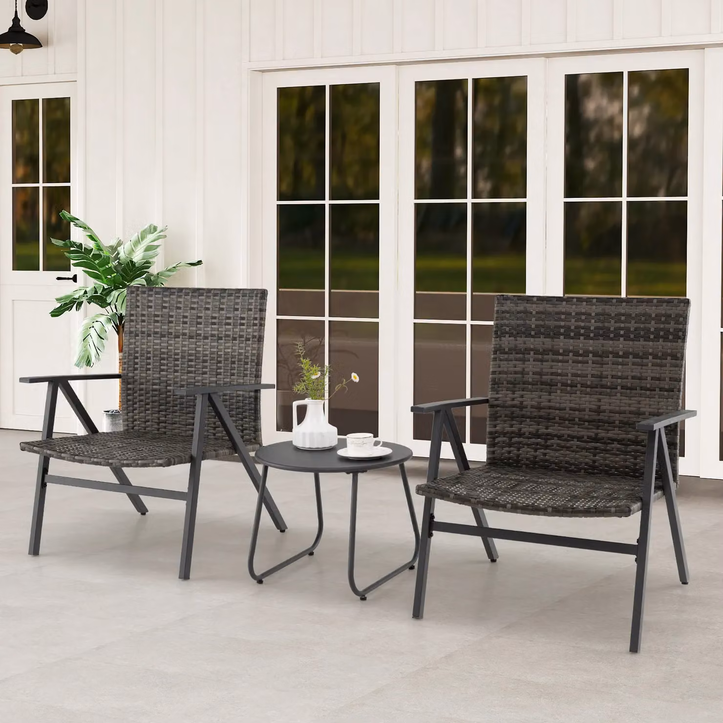 Costway 3-Piece Patio Bistro Set with Metal Frame and Rattan Armchairs and Table in Black – 4