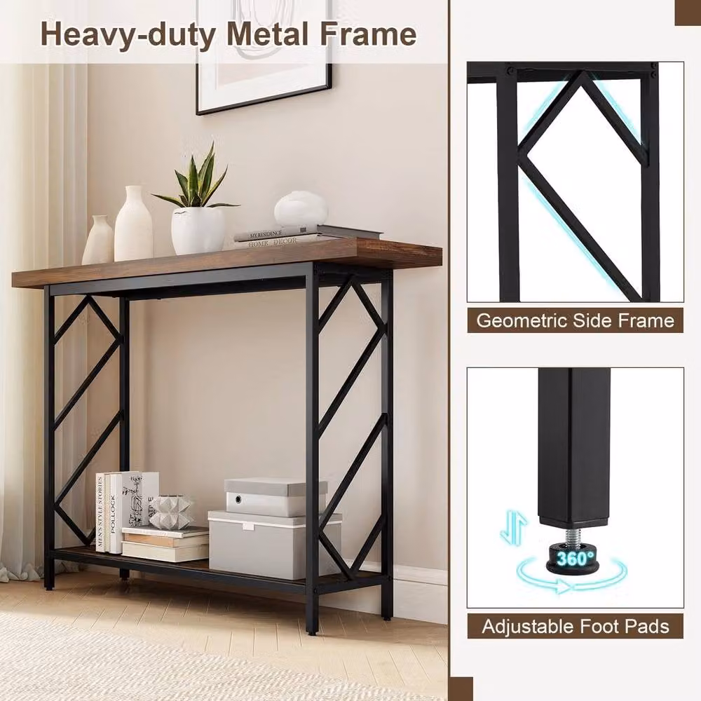 FORGEVIO 2-Tier Industrial Entryway Table with Open Storage Shelf in Brown – 4