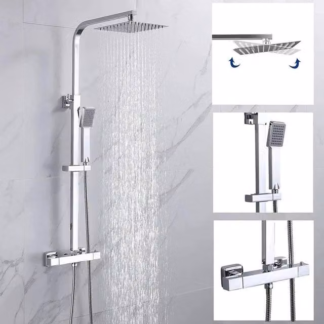 EONLION Twin Head Brass Shower Mixer in Silver Chrome with Thermostat and Safety Stop