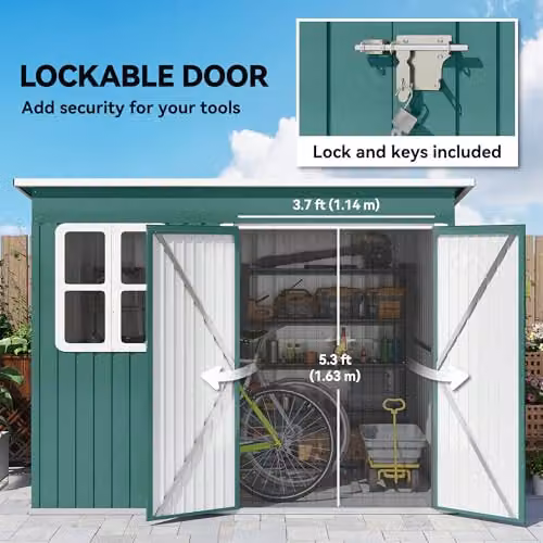 Outsunny Green Galvanised Steel Pent Garden Storage Shed with Window and Foundation Kit W: 260 cm, D: 190 cm, H: 177 cm – 6
