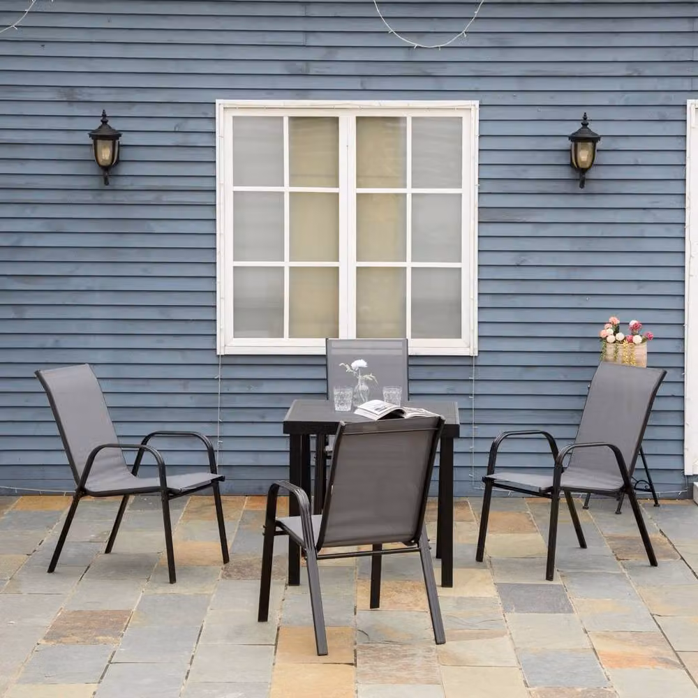 VOGREX Set of 4 High Back Outdoor Garden Dining Chairs in Dark Grey Metal – 3