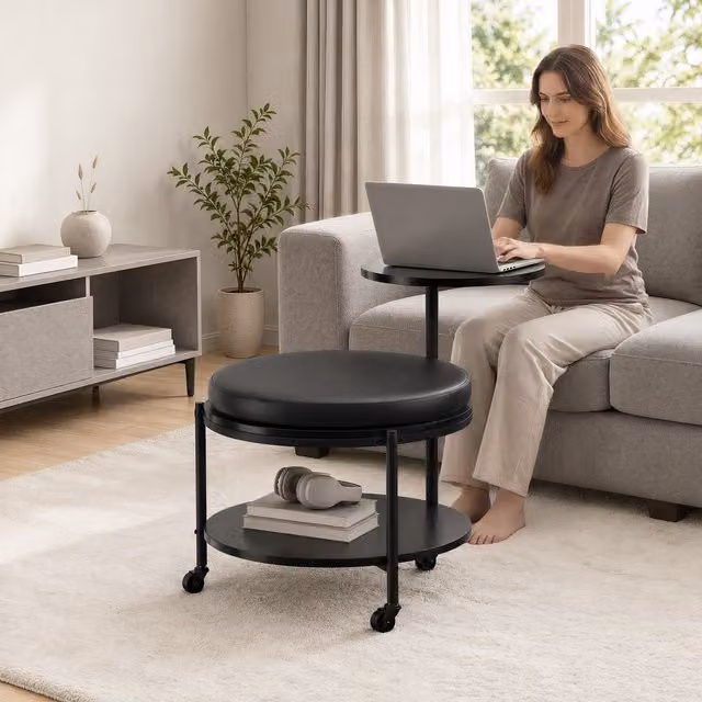 Yaheetech 2-Tier Rolling Coffee Table with Removable Cushion Top, Black