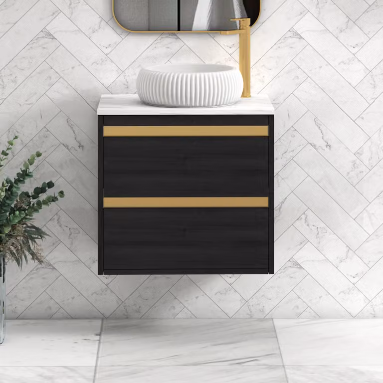 Royal Bathrooms Orion 800mm Hale Wall Hung Vanity Unit in Black with Carrara White Milan Basin and Brushed Brass Accent Trim