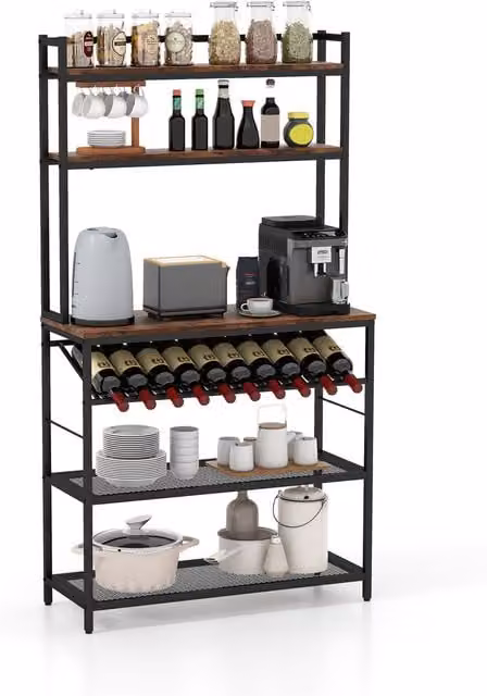 COSTWAY 6-Tier Industrial Kitchen Baker's Rack in Brown and Black