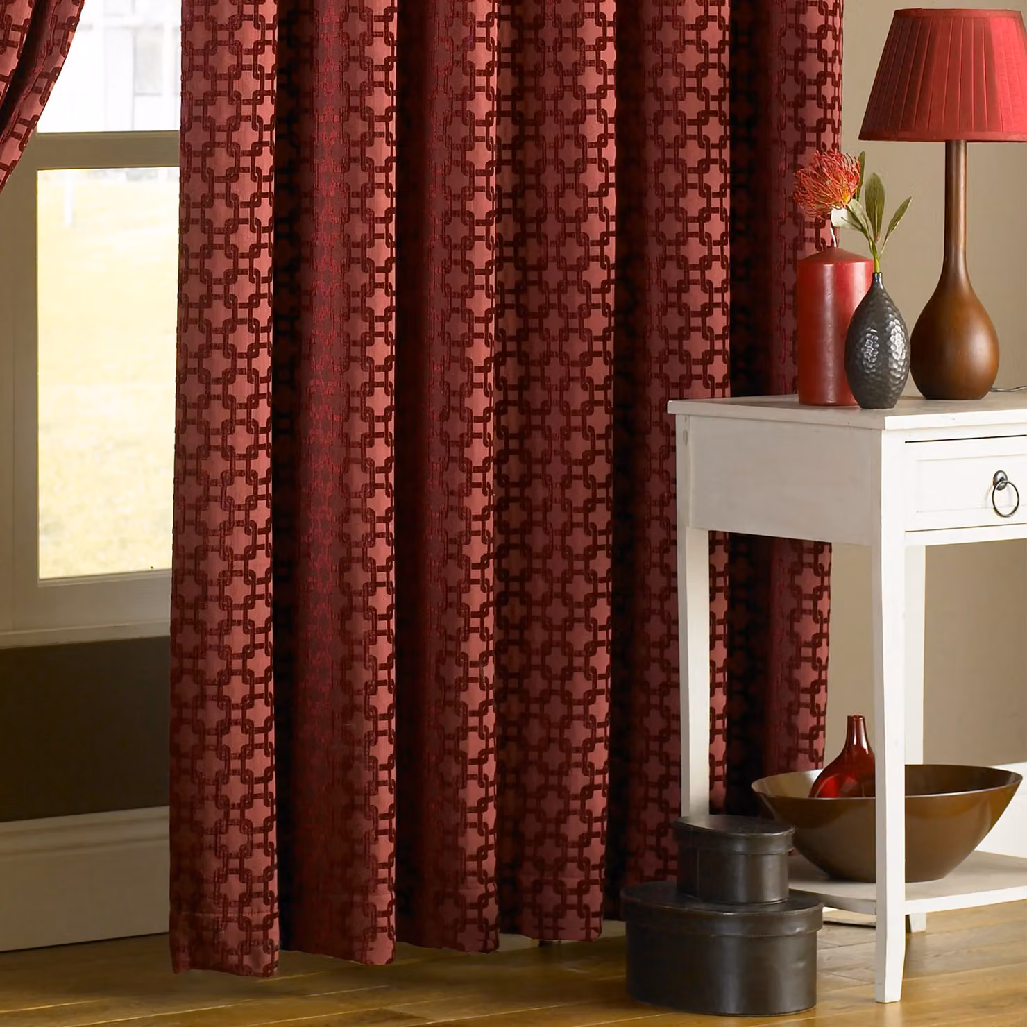 Paoletti Belmont Geometric Jacquard Pencil Pleat Curtains in Red, Width: 229 cm, Drop: 229 cm – 2