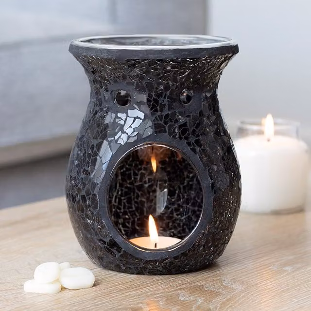 Kingsbury Gifts Large Black Ceramic Crackle Oil Wax Burner and Tealight Lamp