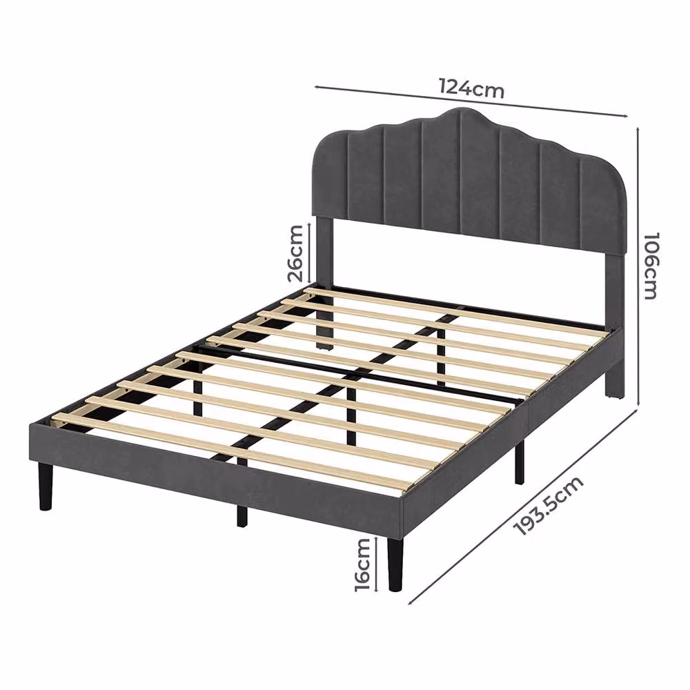 Levede Modern Upholstered Small Double Bed Frame in Grey Fabric, W/D/H: 120 x 190 x 25.5 cm – 3