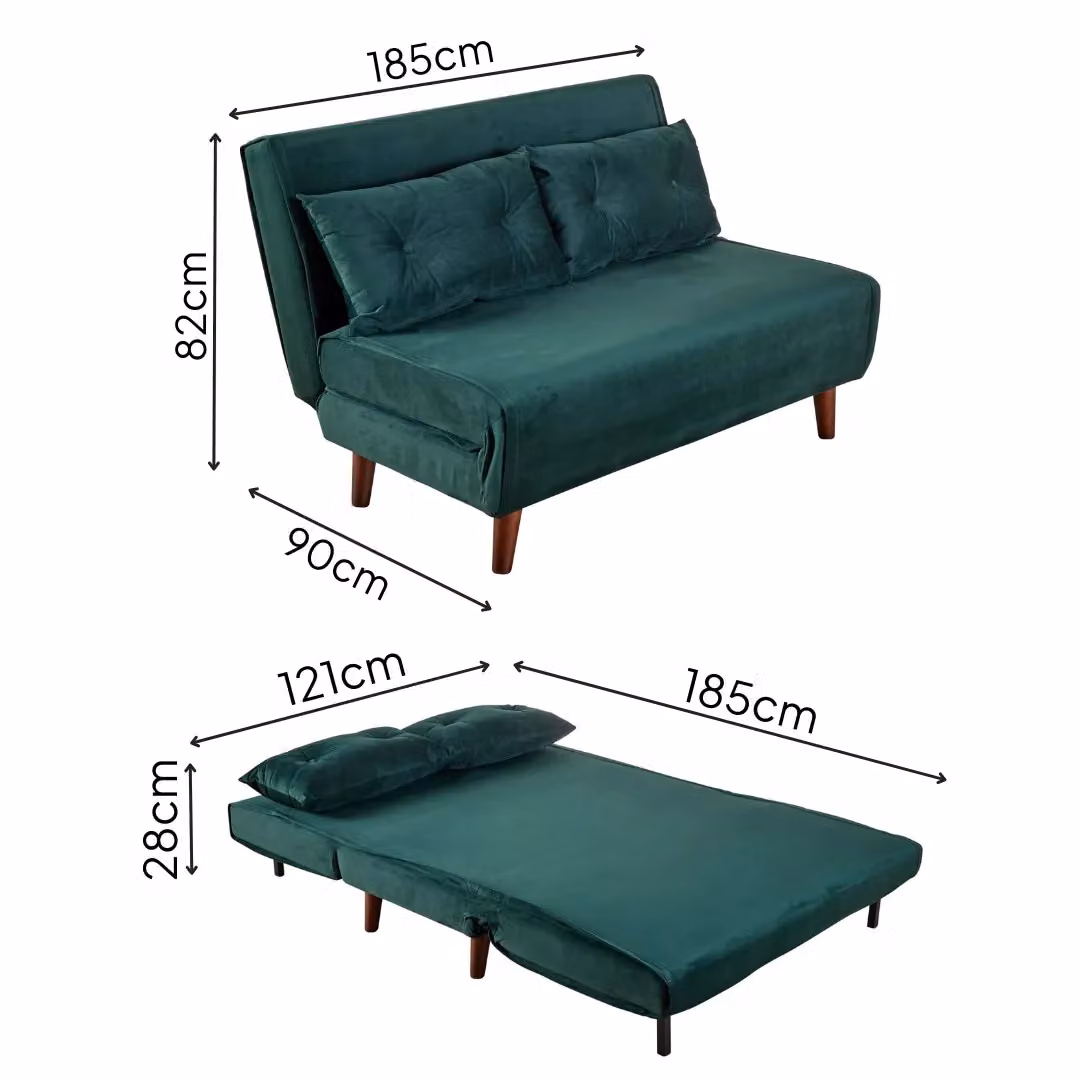 Home Source Double Sofa Bed Folding Chair in Bottle Green Velvet with Wooden Legs and Two Pillows – 3