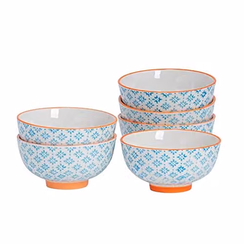 Nicola Spring Floral Stoneware Rice Bowls, Blue, Pack of 6, Diameter: 12 cm