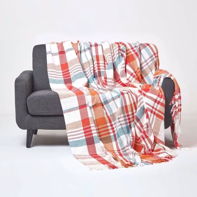 Homescapes Red and Multicolour Checked Cotton Woven Throw with Fringes, Width: 255 cm