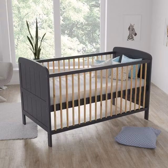 Love For Sleep Maddox Cot Bed in Anthracite and Pine with Drop Side and Solid Wood Construction, W/D/H: 70 x 140 x 70 cm