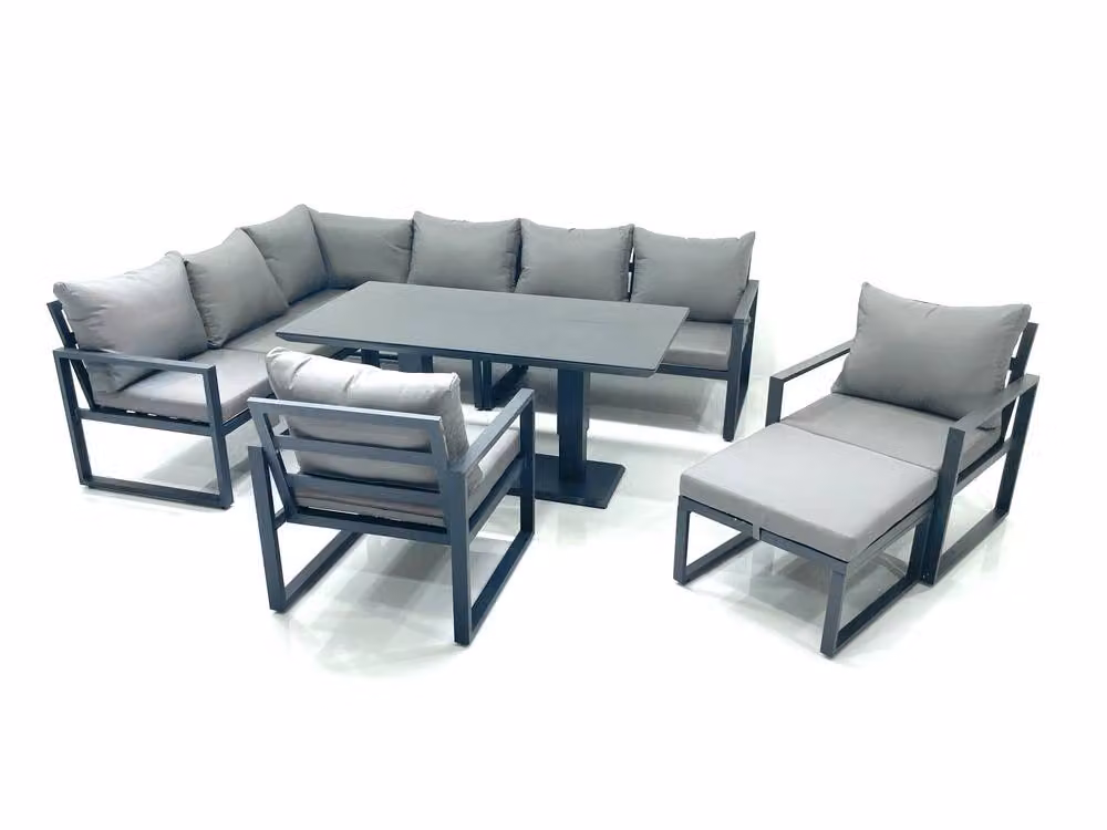 Fimous Aluminium Outdoor Garden Furniture Set in Dark Grey with Corner Sofa, Big Footstool, 2 Chairs and Height Adjustable Dining Table – 2