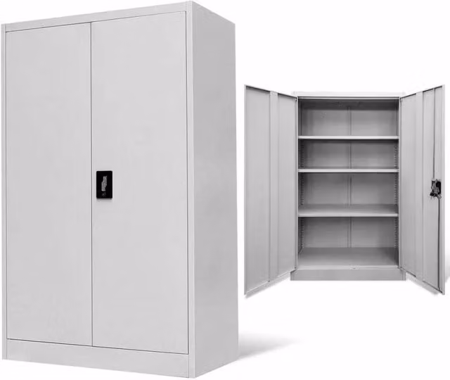 FLAVORA Grey Metal Lockable Storage Cabinet with 2 Hinged Doors and Adjustable Internal Shelves