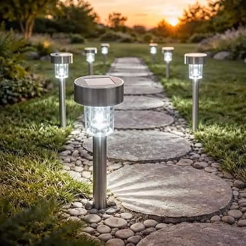 Globrite Pack of 10 Silver Stainless Steel LED Solar Garden Lights with Ground Spike and Warm White Dusk Sensor Light Effect