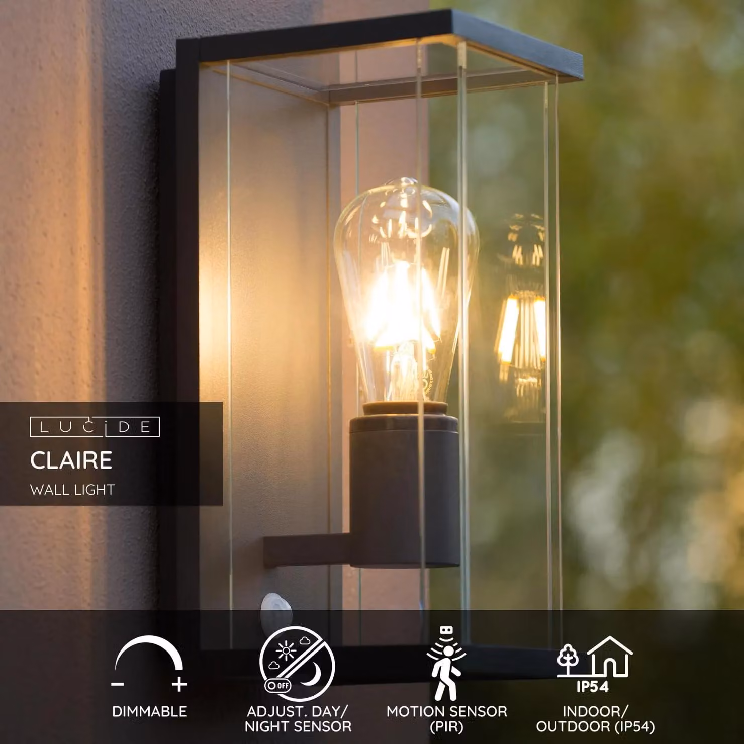 Netlighting Claire Modern Outdoor Wall Lantern Light with PIR Motion Sensor, Black, IP54, E27 – 2