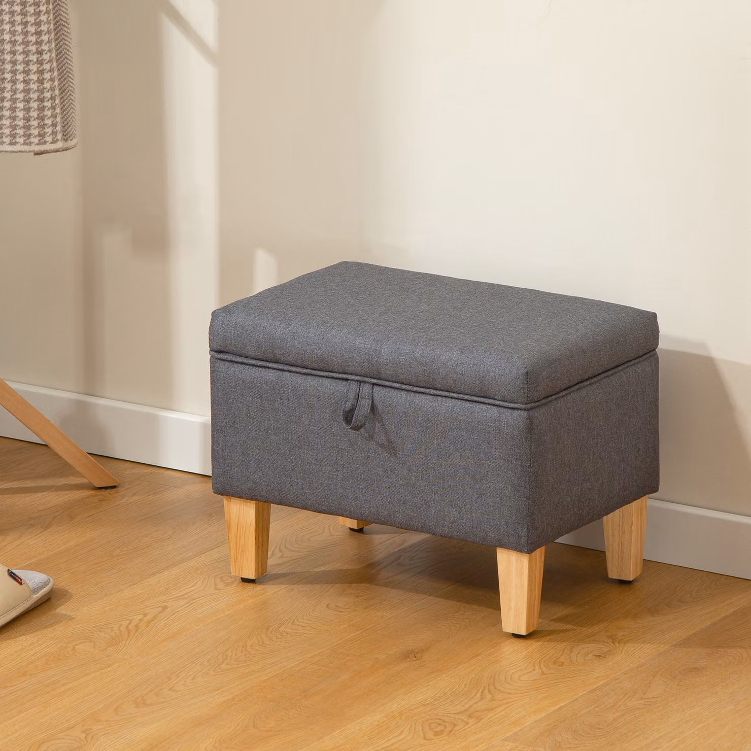 HOMCOM 16L Linen Storage Ottoman Padded Footstool in Grey with Rubberwood Legs, W/D/H: 120 x 49 x 36 cm – 2