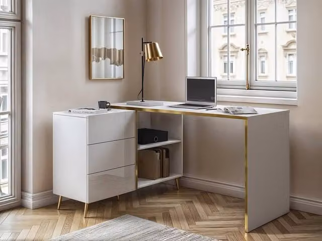 Vente-unique Modern Corner Desk with Drawers and Recesses in Gloss White and Gold – 1