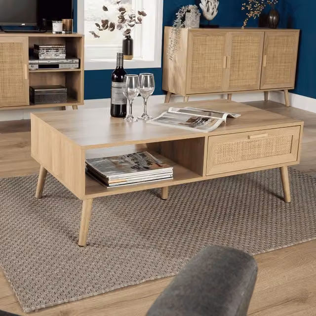 Home Source Rattan Coffee Table with Drawer and Open Shelf in Sand and Beige, W/D/H: 110 x 59 x 40 cm