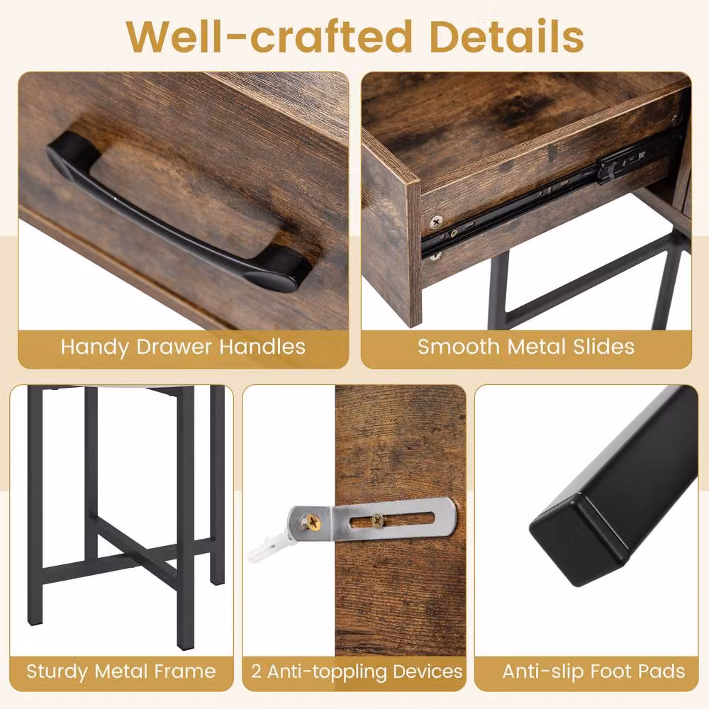 Costway Brown Industrial Vanity Desk Set with Hollywood LED Mirror, Stool, and Power Outlets – 5