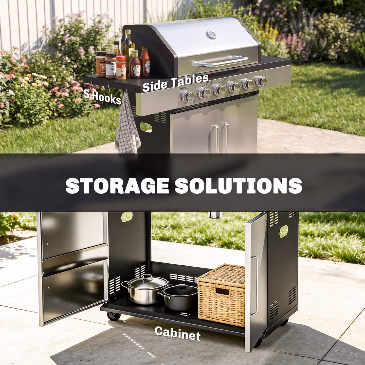 Outsunny 6 Burner Liquid Propane Gas BBQ Grill with Warming Rack, Side Tables, Cabinet and Wheels – 6