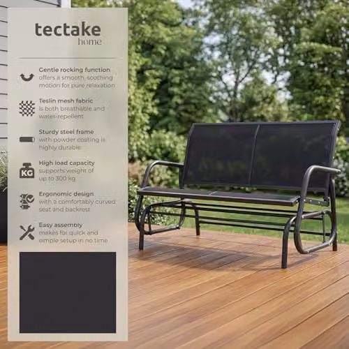 tectake Greta 2-Seater Garden Swing Bench in Black, Powder-Coated Steel and Textilene Fabric, W/D/H: 121 x 72 x 86.5 cm – 4
