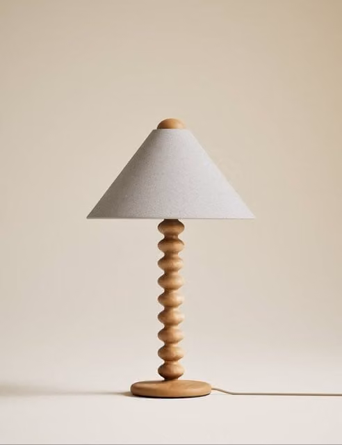 M&S Evelyn Wooden Bobbin Table Lamp in Brown and Grey